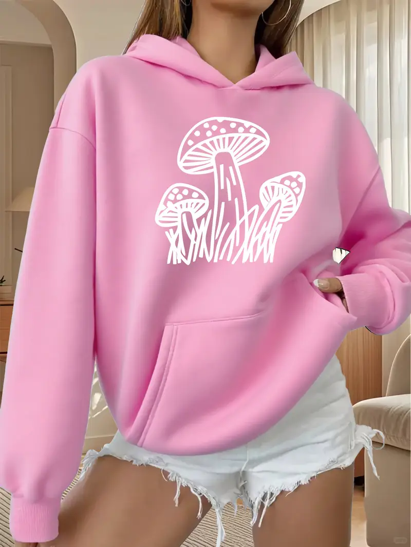 Pink Women'S Black Hoodie with Mushroom Print
