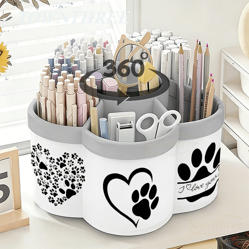 TEMU Rotating Pen Holder And Cosmetic Storage Box | Paw Print Sticker - 360° Rotating Convenient Desktop Storage Box | Large Capacity Portable