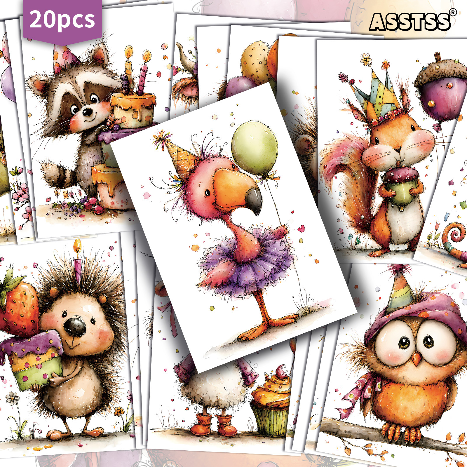 TEMU 20-pack Asstss Hand-painted Animal Birthday Party Postcards - 4x6 Inches Retro Junk Journal Supplies, Classic Pinup Illustrations Collectible
