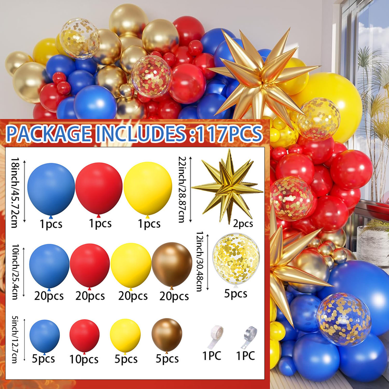 TEMU Kit de Ballons Thème 117 pièces, comprenant des ballons Étoile Dorée, incluant des ballons mats bleu foncé, rouge mat, jaune mat, doré métallisé