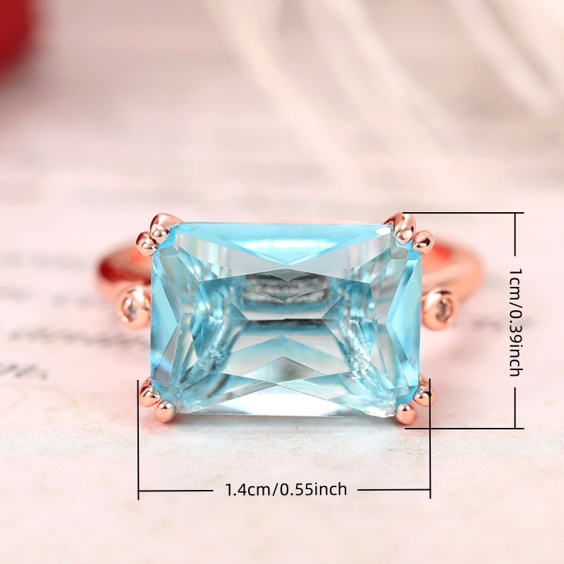Elegant Rose Golden Ring Inlay Sea Blue Synthetic Zirconia