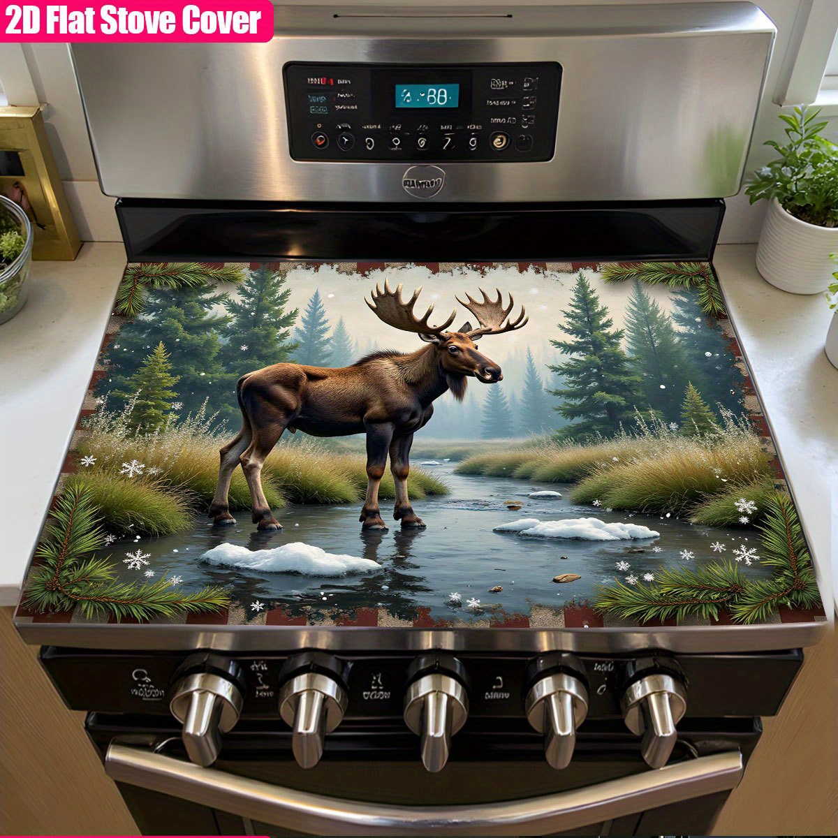 TEMU 1 pièce, Couvercle de Cuisinière Électrique Noël Un Élan Debout dans un Ruisseau Entouré de Forêt et de Taches de Neige Pièces de Remplacement