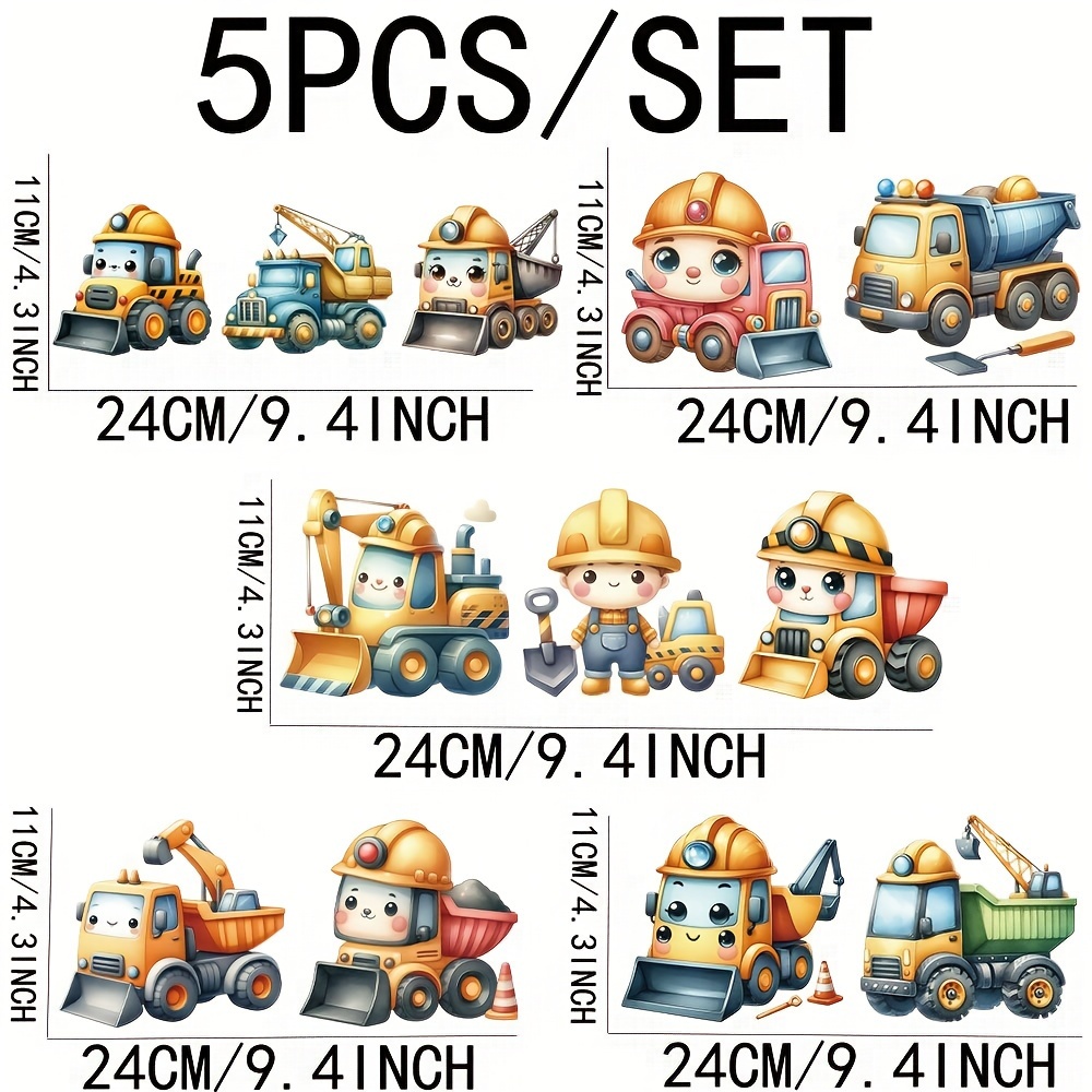 TEMU 5pcs Happy Construction Team Vinyl Suitable For Mugs, Glass Jars, Car Coffee Cups - Uv Dtf Transfer With Construction Vehicle Designs, High
