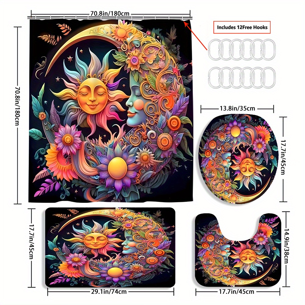 TEMU 4pcs Moon And Sun Curtain Shower Curtain Decoration, Beautiful Housewarming Gift Decoration, Shower Curtain And Toilet Floor Mat 3 Piece Set With 12 Shower Curtain Hooks