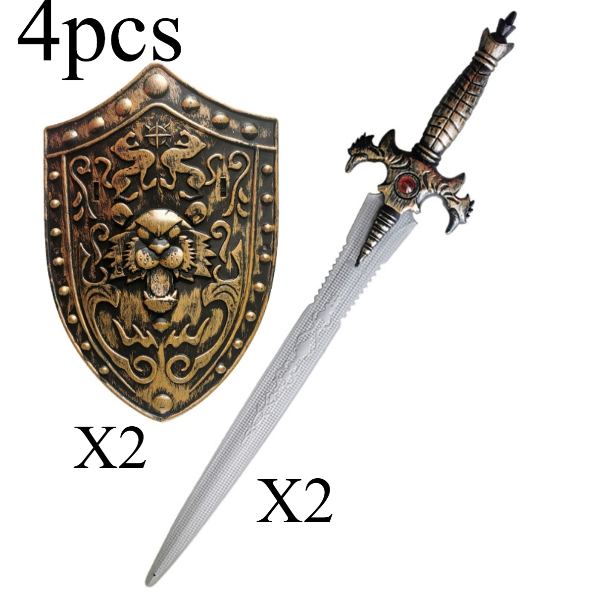 TEMU 4pcs Medieval Knight Sword And Shield Set, Plastic Pretend Props, Lion Embossed Shield And Simulation Sword, Halloween Cosplay Party Dress-up