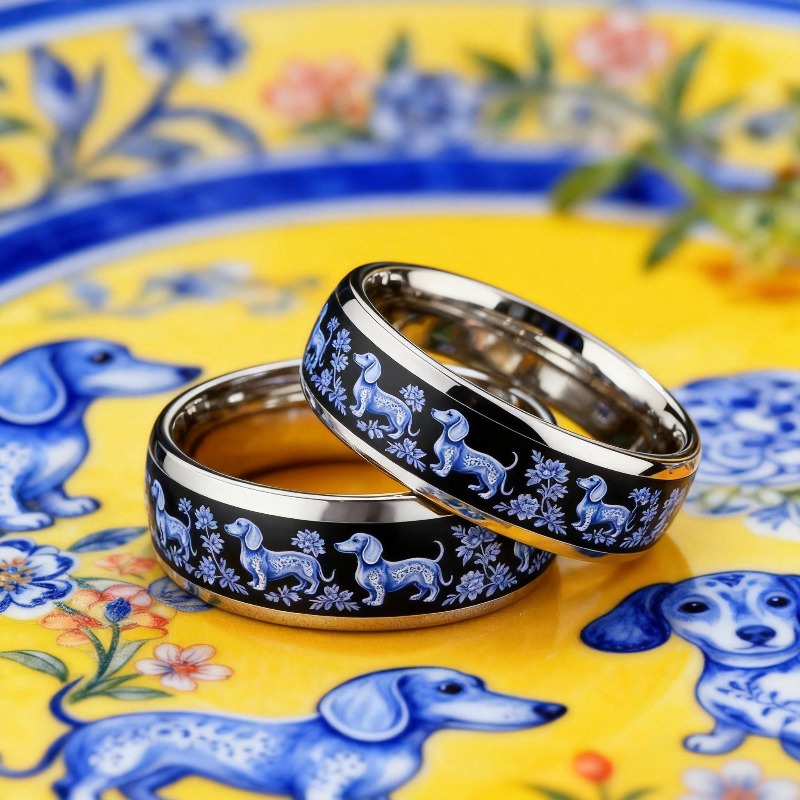 Blue Porcelain Dachshund Pattern Stainless Steel Ring, Floral Design