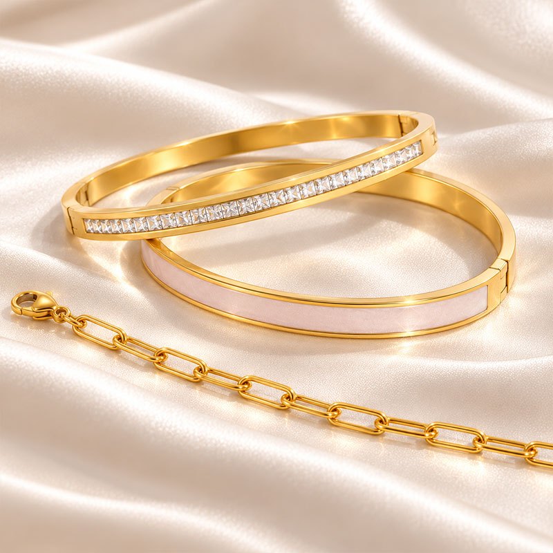 3pc Women's Gold-Tone Bracelet Set with Sparkling Stone Bangle