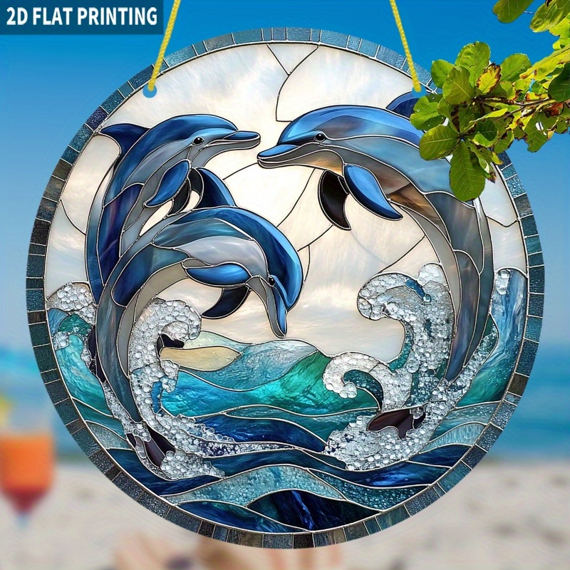 TEMU 2d Flat, 2d Flat Printed, 19.99cm Round Acrylic Ocean Dolphin Suncatcher - And Green With And Waves, Colorful Glass-style Window Hanging