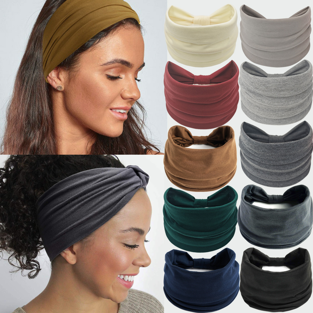 womens wide headband solid color polyester   stretchy hair wrap bohemian thick   turban headband accessory colorful print knotted elastic yoga headband