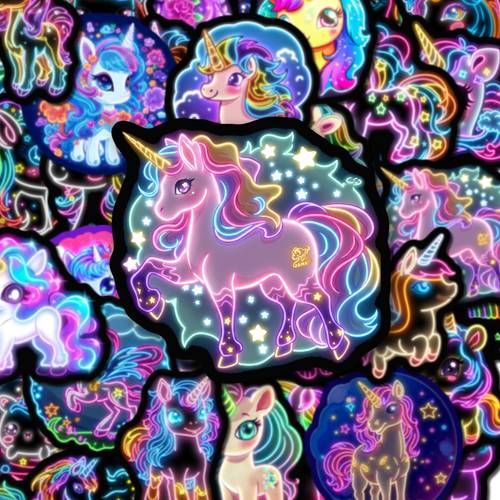 50pcs fluorescent unicorn stickers durable cartoon decals neon shape design for gift party laptop bottle luggage decoration glow creative gift