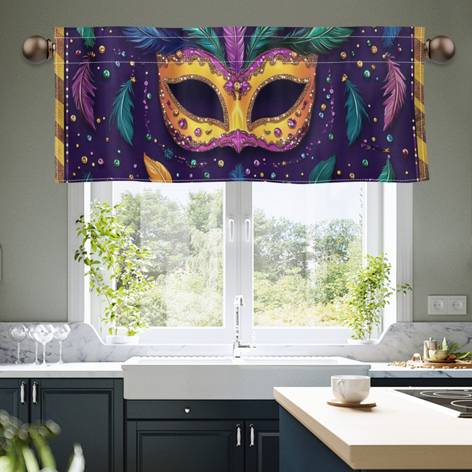 

1pc Mardi Purple Pattern Valance, , Rod Curtain For , , , -, Polyester , 160-180g, 12x72