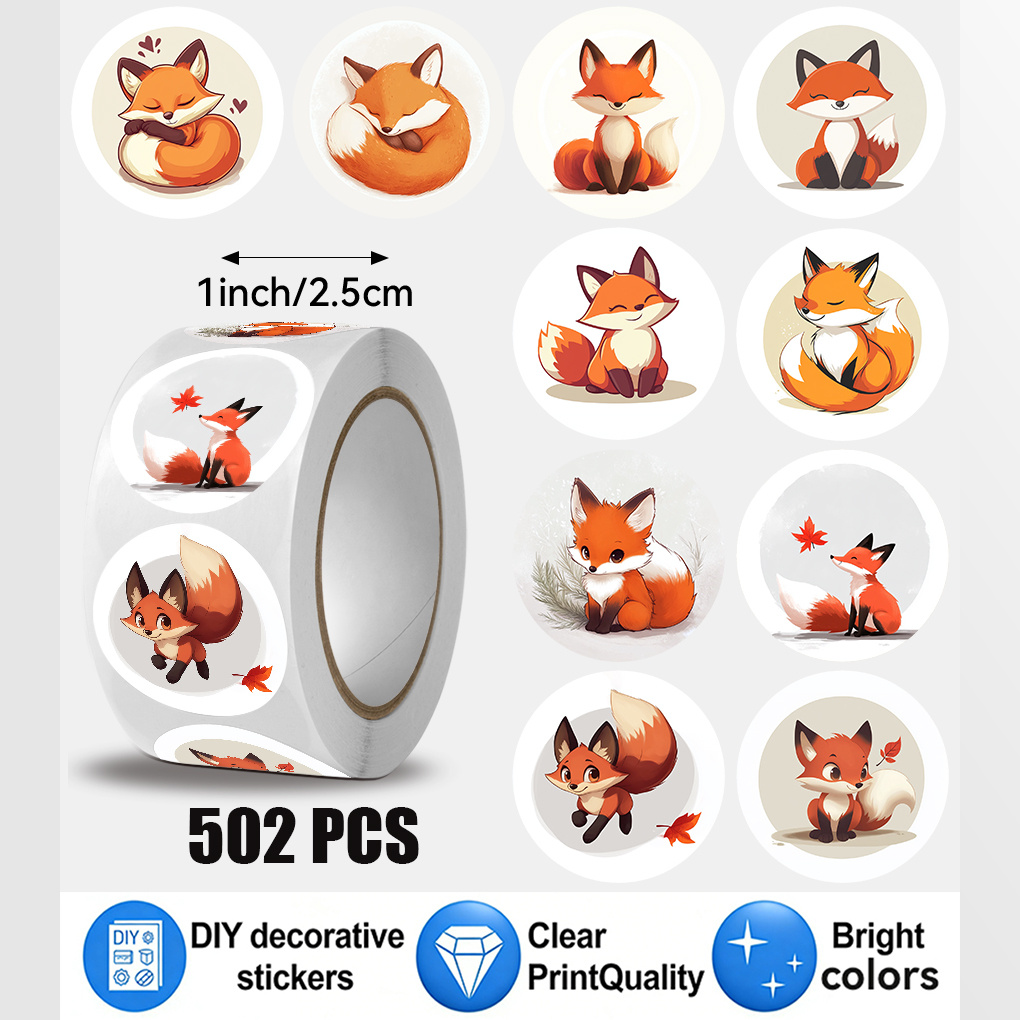 502pcs Cute Fox Sticker Roll 1 Inch Cartoon Animal Reward Stickers Decoration