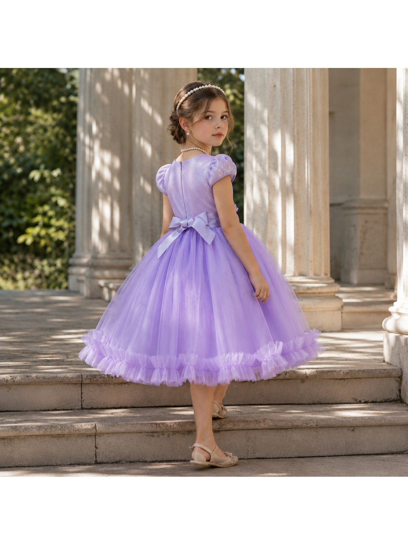 purple dresses for tweens Tween Girls' Puff Sleeve Sequin Contrast Satin Dress Elonnashop