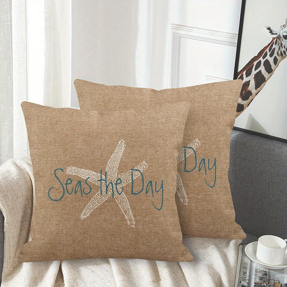 Image of 2pcs Burlap Pillowcases - Coastal Home Decor With Starfish & Palm , Light Brown, Zippered, Single-sided Print For Sofa, Living Room, Outdoor Use - Pillow Insert Not Included, Beach Theme Decor