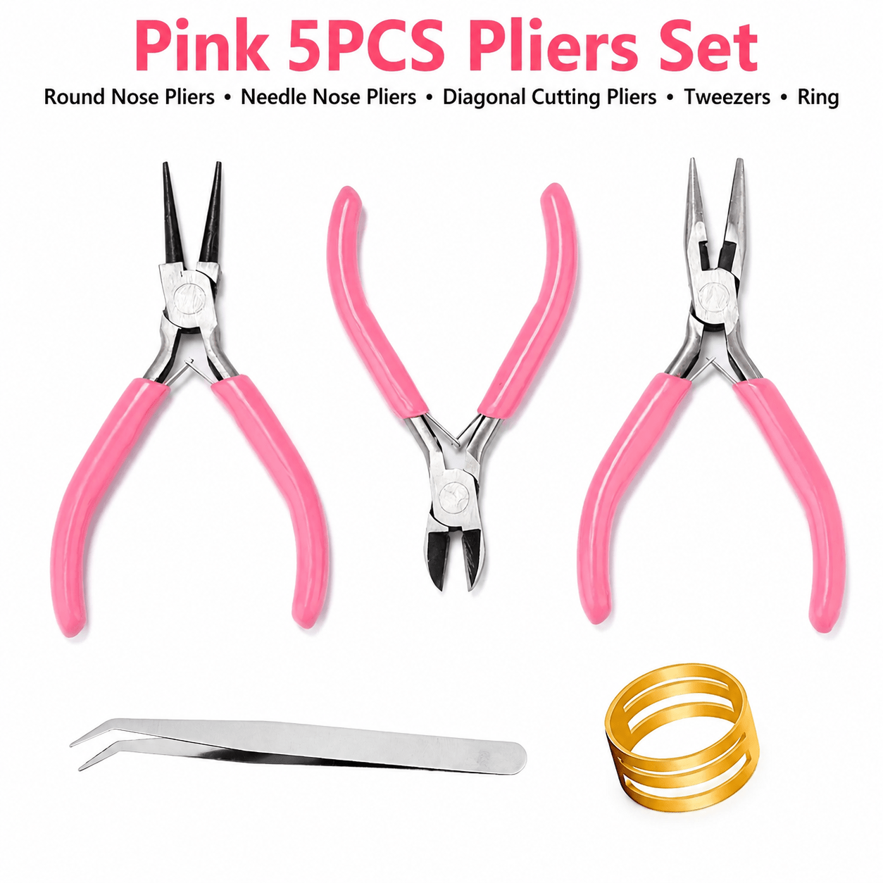 TEMU 5pcs Set Of Pink Jewelry Pliers, Round Nose Pliers, Pointed Nose Pliers, Diagonal Nose Pliers, Tweezers, Ring Tool, Compact And Non-slip,