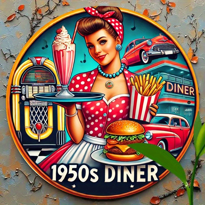 TEMU 2d Flat, 1pc Vintage 1950s Diner Waitress Sign Round Metal Wall Decor - Nostalgic Restaurant Decoration, Aluminum Washable Reusable Wall Art,