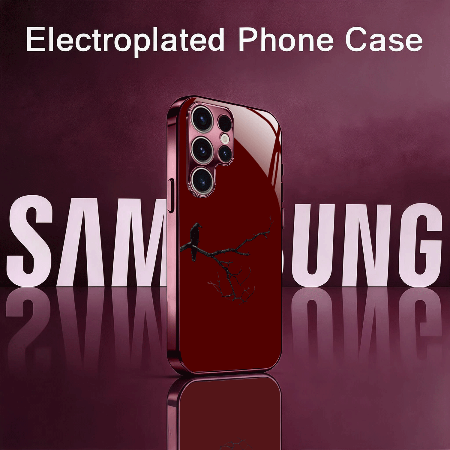 Funda para Teléfono - Funda de Teléfono con Diseño de Vidrio de Terciopelo Rojo Vino y Corazón Posado en Rama, Funda de Vidrio Electrochapado Rojo Vino, Carcasa Dura Resistente a Arañazos y Caídas, Textura Ligera y de Alto Brillo
