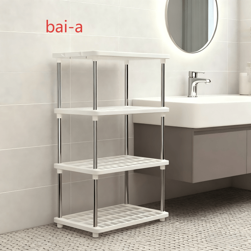 E-shop 4-stöckiges weißes Regal - Platzsparendes, robustes Regal, transparentes, gestuftes Design, geeignet für Küche, Badezimmer, Büro, Garage,