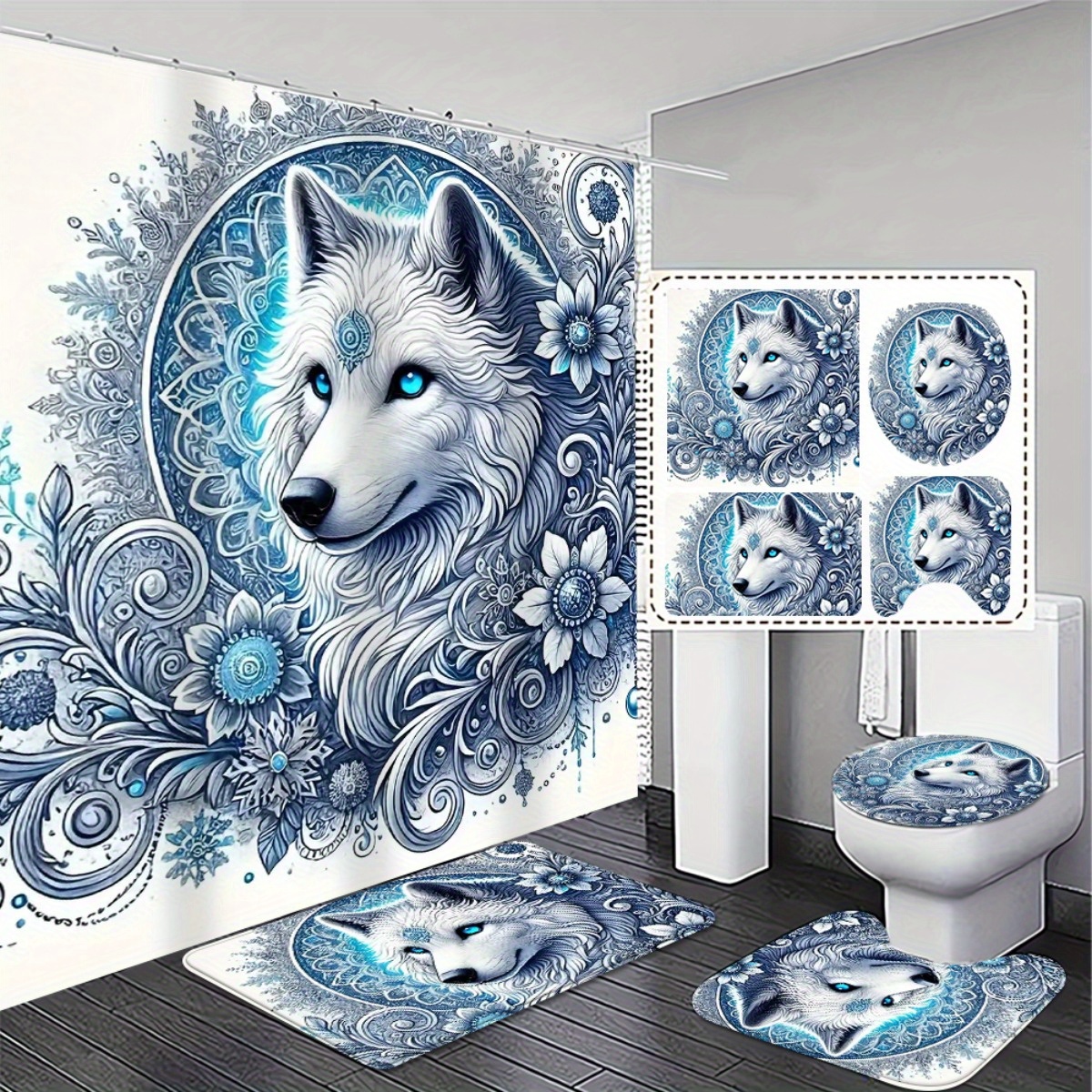 TEMU 2d Flat, 4pcs Bathroom Set, 2d Curtain With Matching Bath Mat Set - Wolf Design, Non-slip Bathroom Rugs, Blue And White Floral Pattern, Light