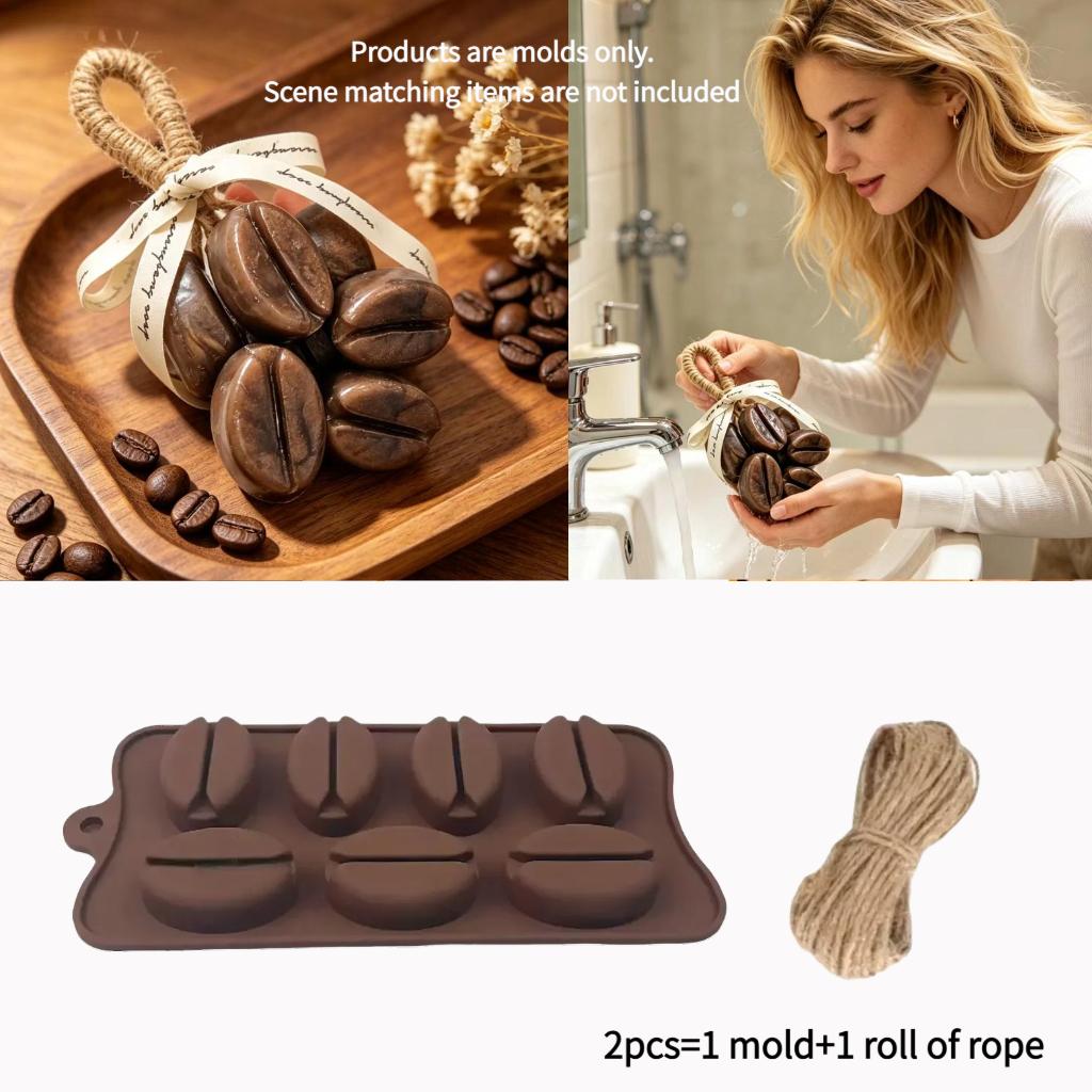 TEMU 2er Set = 1 Stück Kaffeebohne Silikonform und 1 Bündel Jute-Garn Handgefertigtes Kaffeeabfälle Seifenform Set - Neue Kaffeebohnenförmige