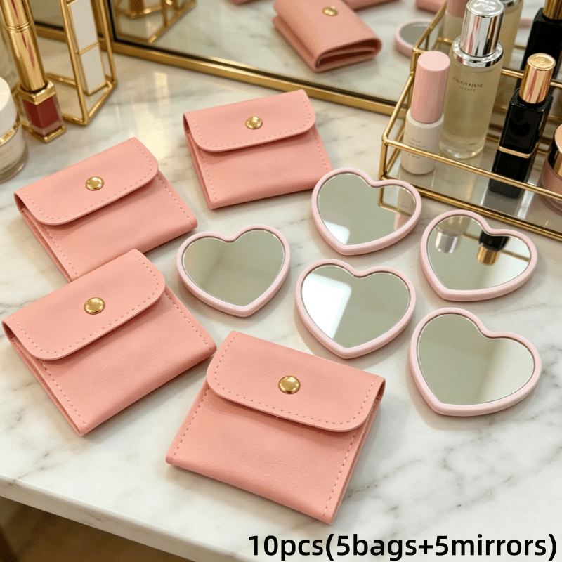 TEMU 5 Miroirs et 5 Sacs, Miroirs Portables de Cœur avec Sacs Cosmétiques, Miroirs de Cosmétique avec Sacs Cosmétiques , Adaptés aux Voyages, à la