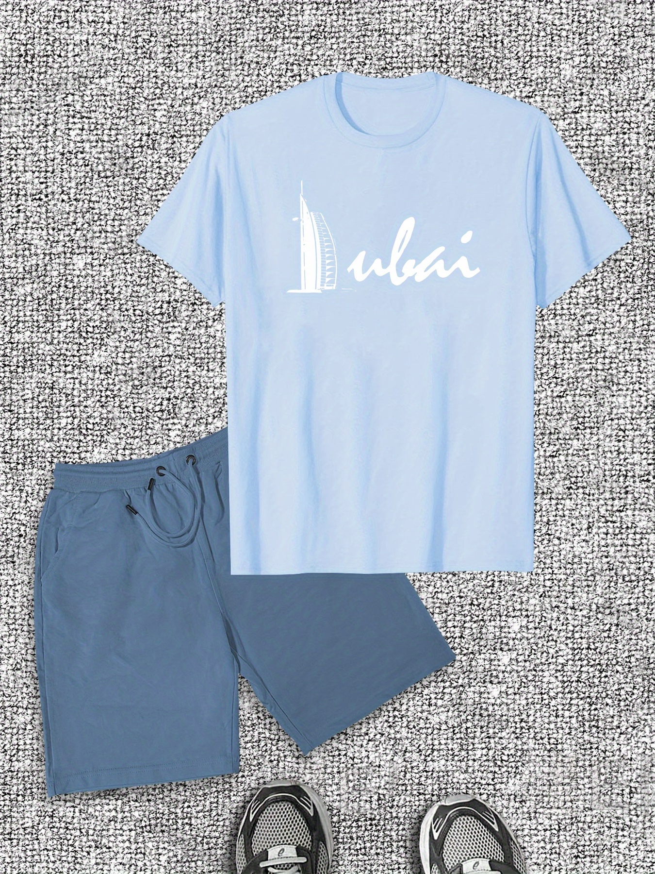 Men'S Casual Summer T-Shirt & Shorts Set - Solid Color, Cotton Blend, Round Neck, Short Sleeve, Elastic Waistband with Drawstring, Regular Fit, Knit Fabric, 150gsm - Perfect for Casual Attir