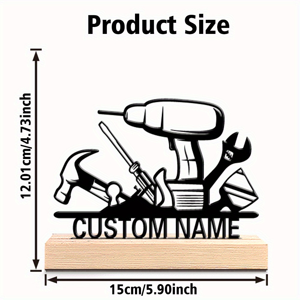 TEMU 1pc Personalized Custom Tool-themed Metal Art Sculpture With Name Engraving - Electric Drill, Hammer, Screwdriver & Wrench Design On Sturdy