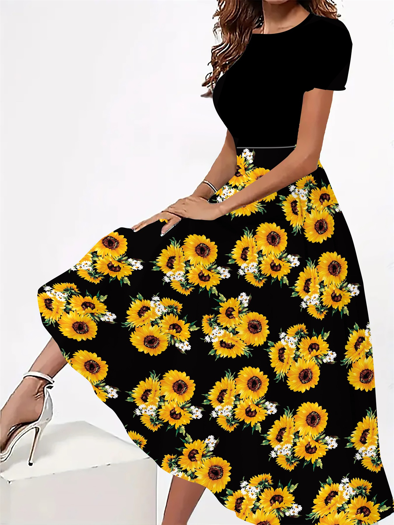 womens elegant sunflower print midi dress polyester 95 - Temu