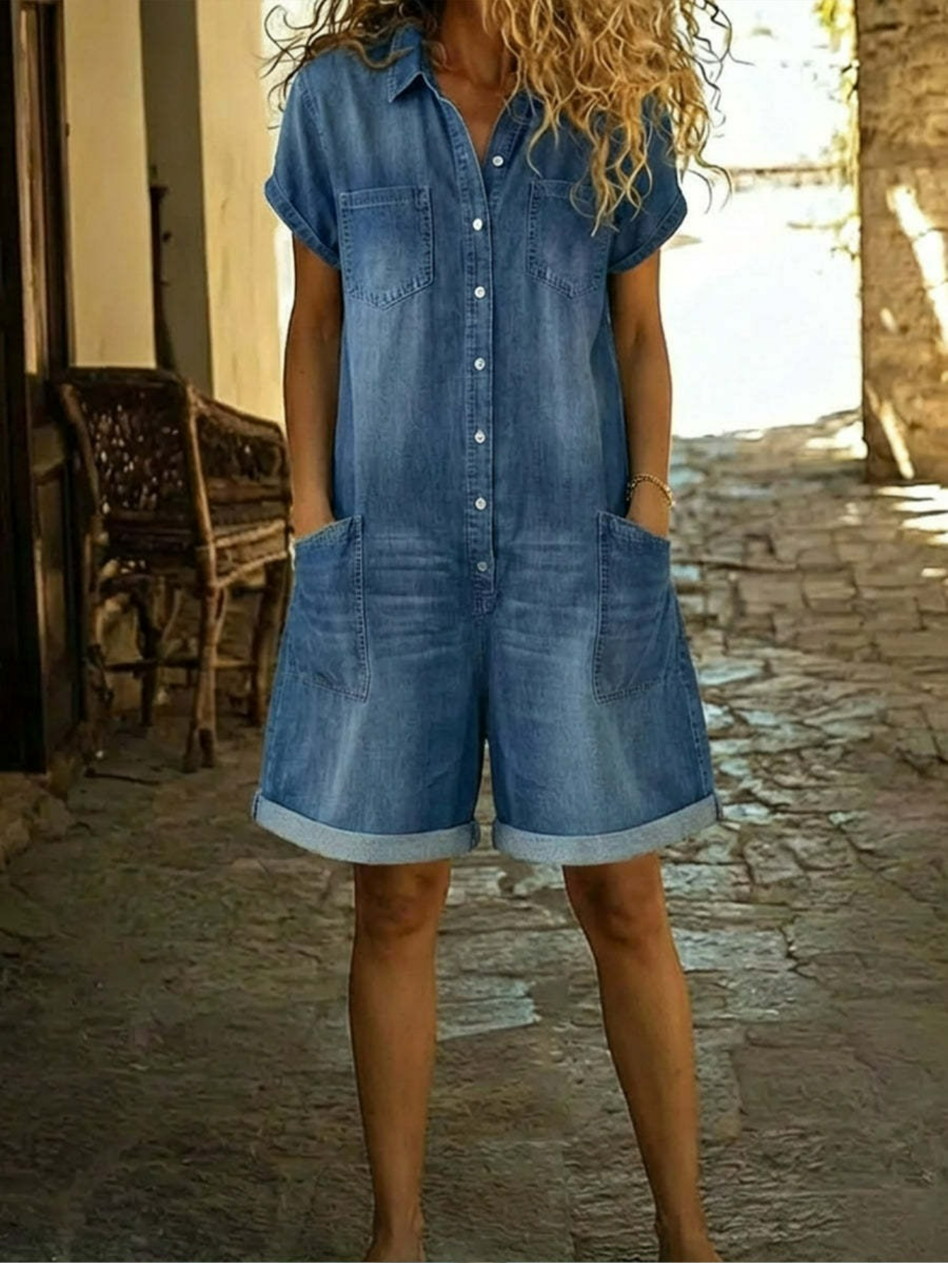 blue gold dress husband Washed Blue Denim Wide Leg Romper | Purple Door Boutique