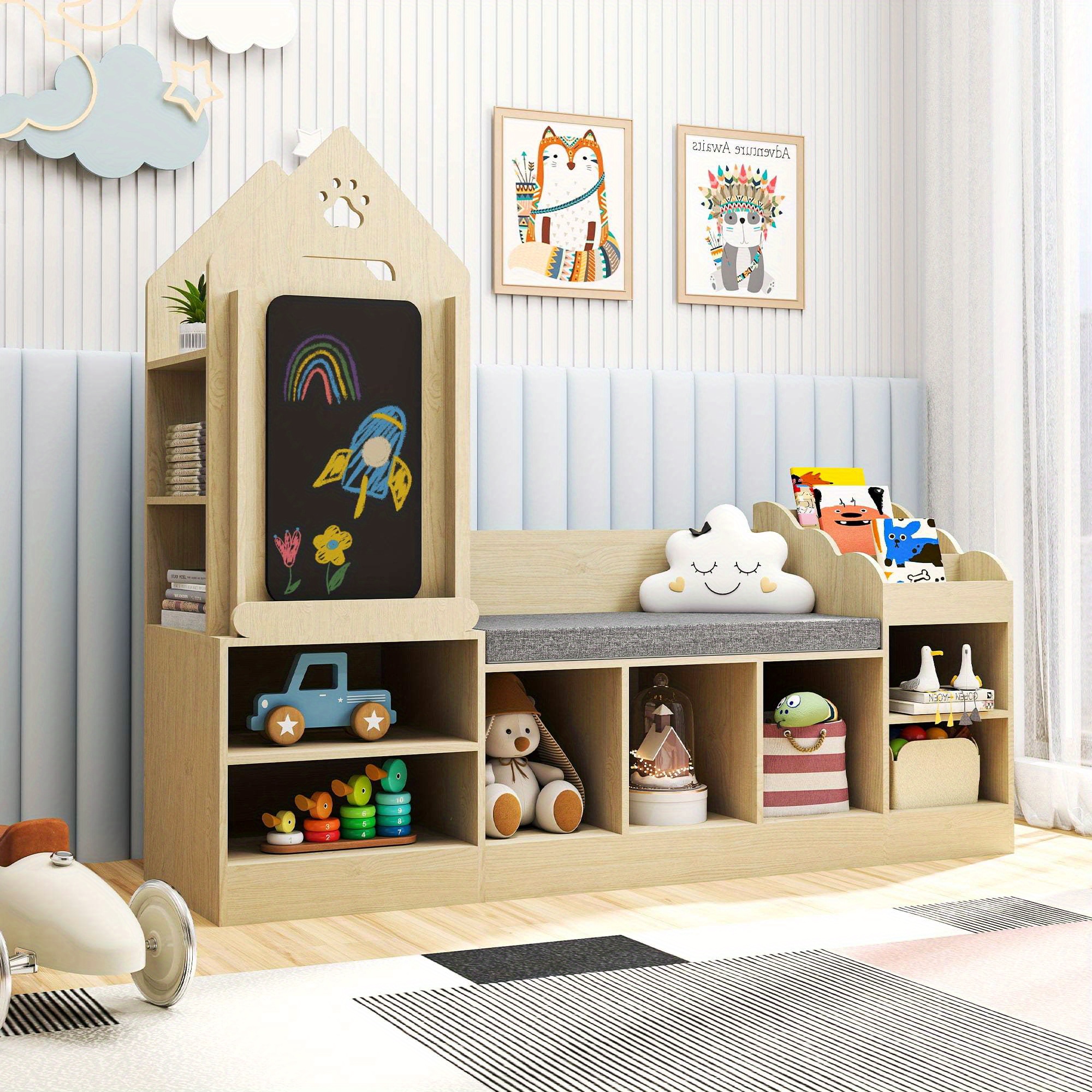 TEMU Kids Bookshelf With Cozy Reading Corner, Wooden Organizer With Bench And Chalkboard, Toddler Storage For Bedroom Or Playroom, Natural Oak Finish
