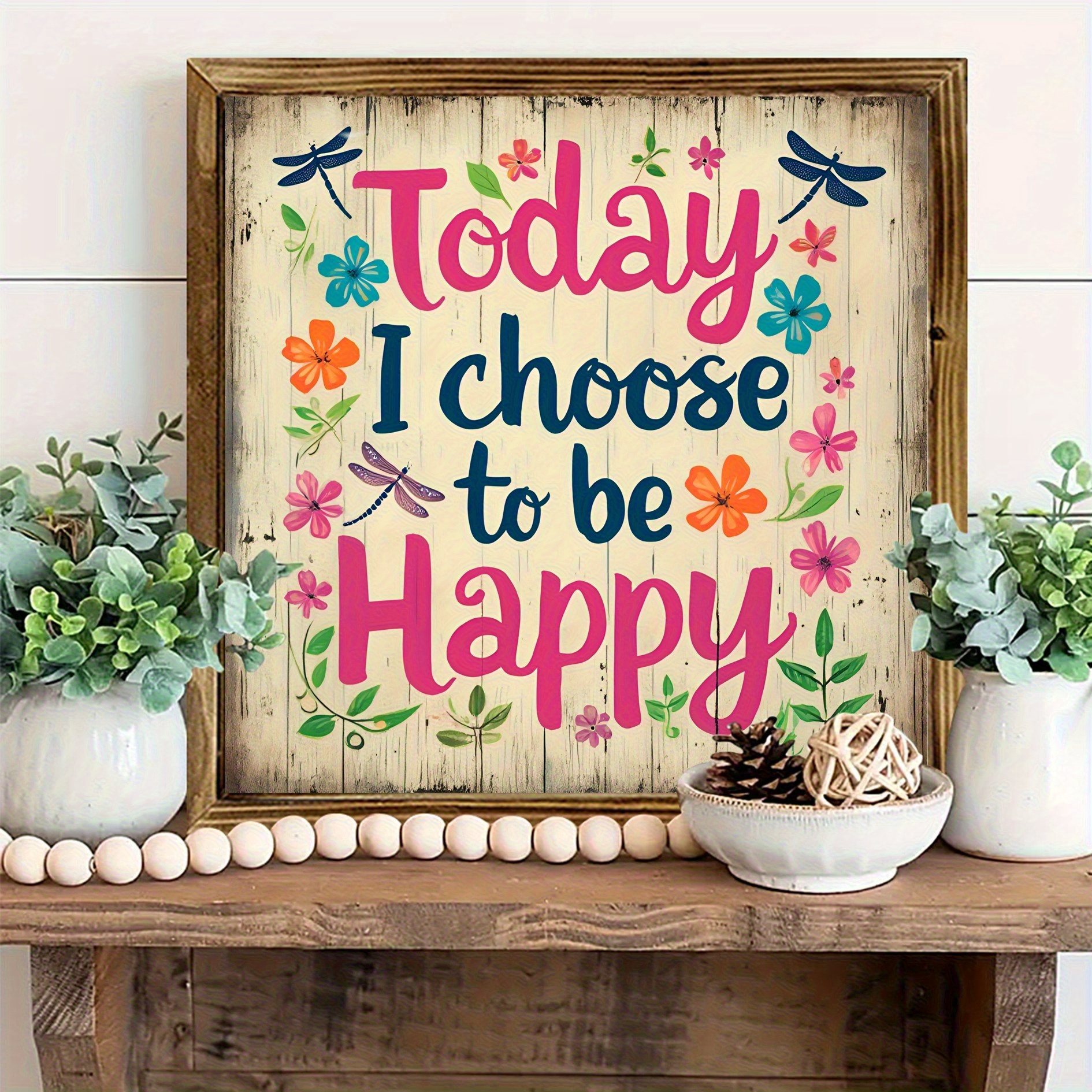 2D Flat - 2D Wall Art Featuring The Phrase 'Today I Choose Happiness' - a Country-Style Decoration with Floral Accents in Pink, Beige, Brown, Or Orange - Made from Reclaimed Wood, Suitable for Home, Office