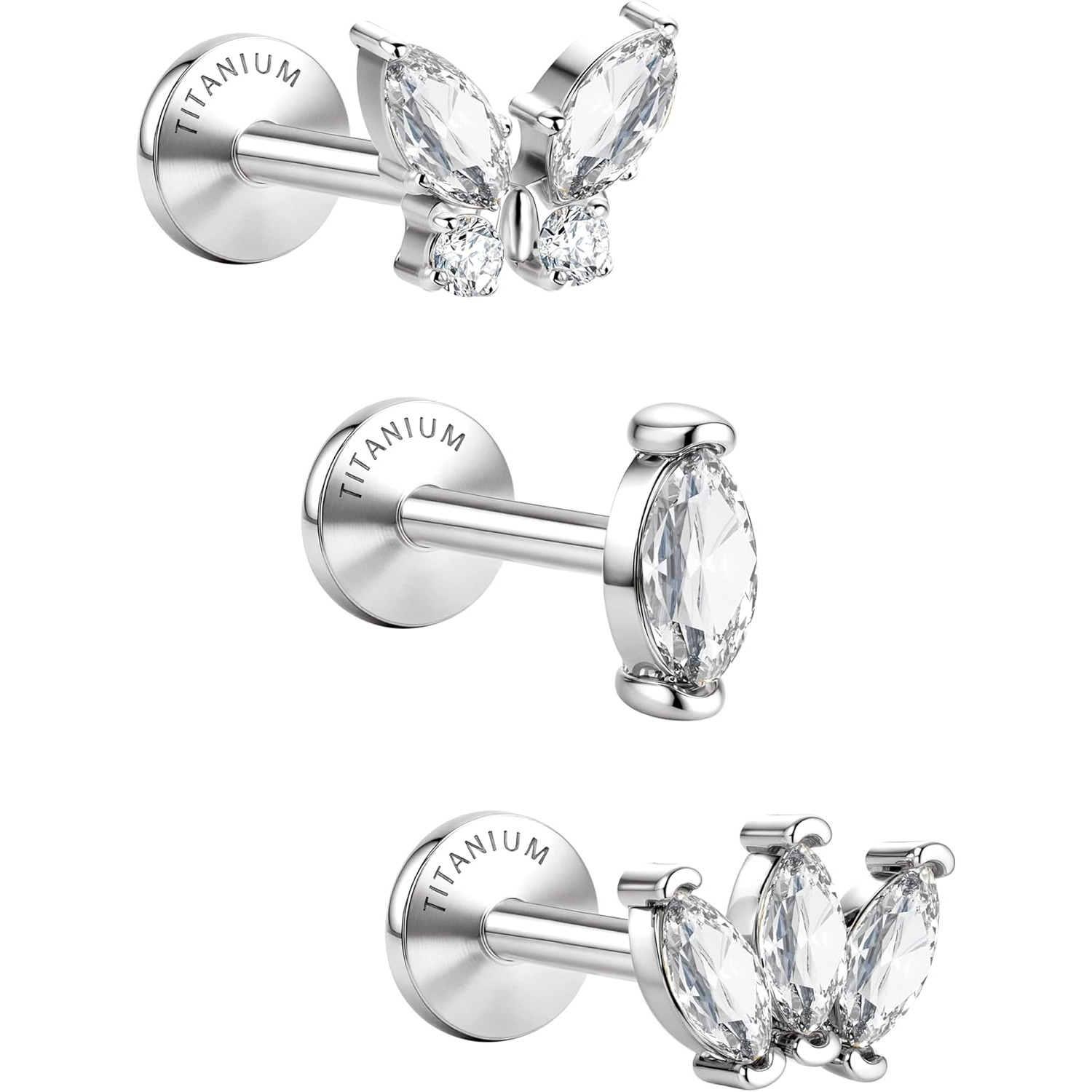 2d Flat - Set Of 3 G23 Titanium Flat Back Stud Earrings, Hypoallergenic, Internally Threaded, Suitable For Tragus, Cartilage, Conch, And Helix Piercings, Ideal For Sensitive Ears For Women And Men