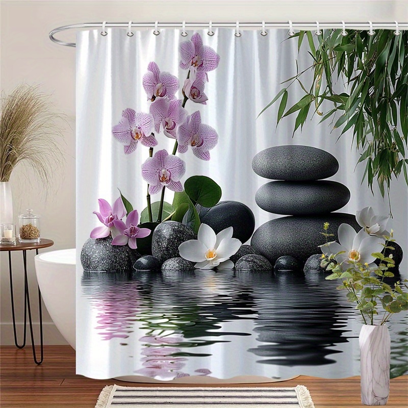 TEMU Shower / Bath Curtain 1pc Zen Shower Curtain With Tiered Black Stones And Elegant White Orchid Amid Green Leaves On Background High-resolution