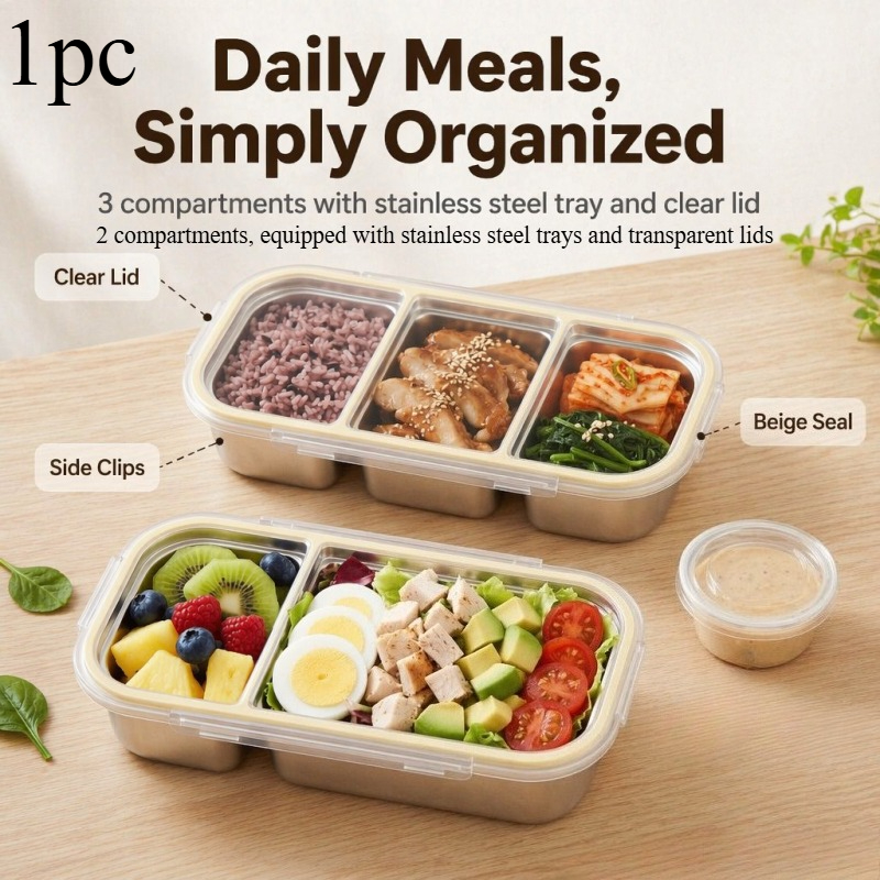TEMU 1 High-quality 304 Stainless Steel Leak-proof 2-compartment/3-compartment Bento Box, A Durable And Easy-to-clean Lunch Container, Suitable For