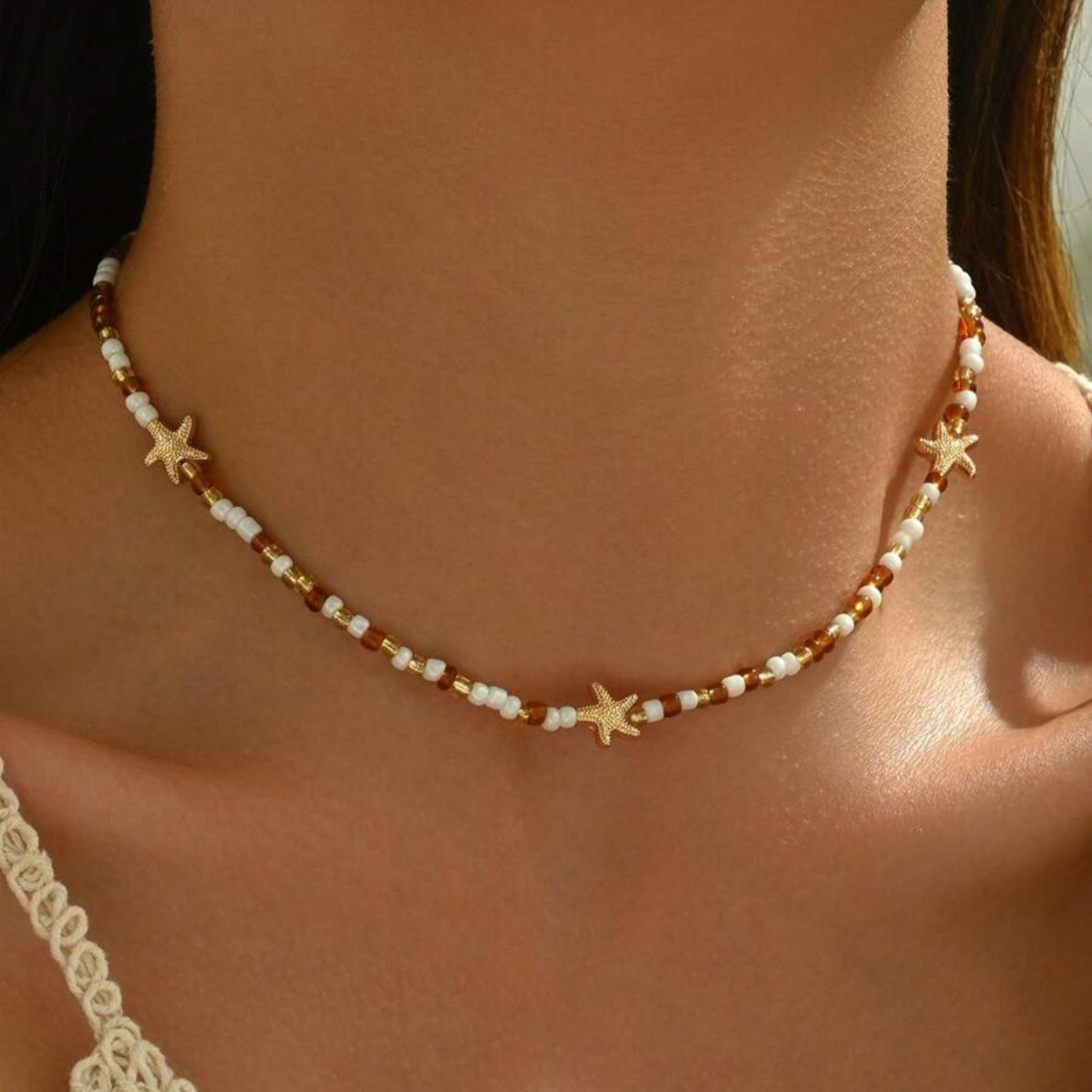 TEMU 1pc, Women's Fashion Choker Necklace, Summer Golden Starfish Inlaid Beaded Round Bead Choker, Bohemian Style Brown Mixed Color Seed Bead Round