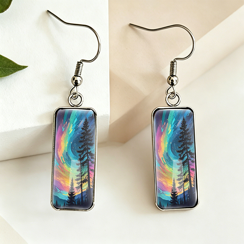 TEMU 1 Pair Handmade Northern Lights Earrings With Pine Tree Cabochon - Fish Hook Dangle Suitable For , Unisex Jewelry Gift For Daily Wear, Parties,