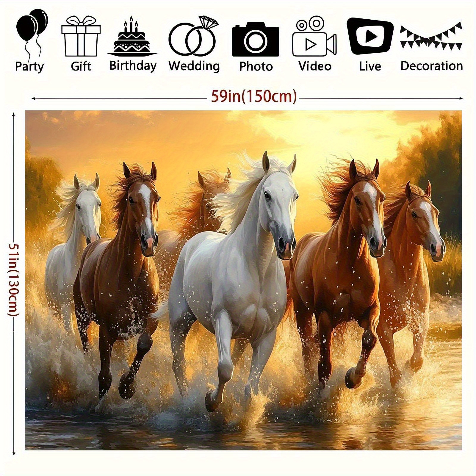 TEMU 1pc A Wall Mural Featuring Horses Running Through River Water - A Sunset Backdrop Showcasing 6 Horses, Made From Durable Polyester Fabric