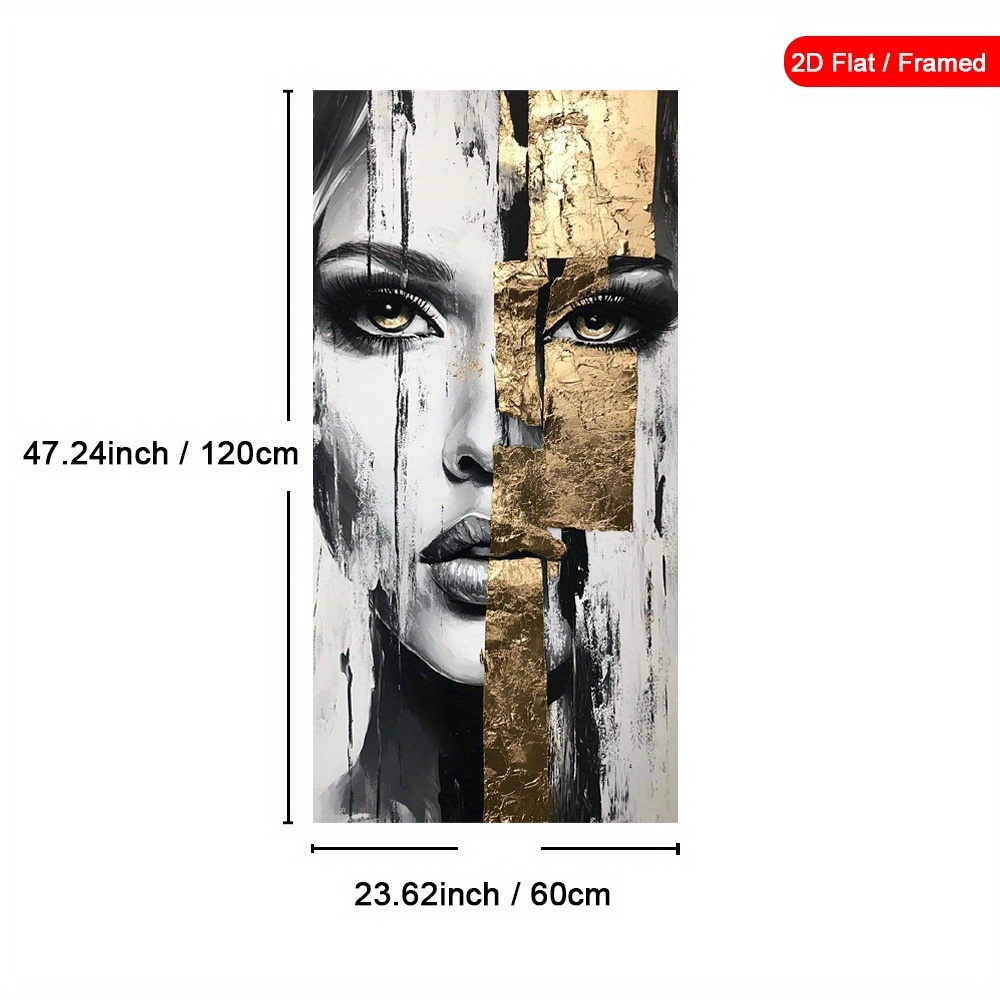 TEMU 2D Plat, 1 Pièce Mural Vertical Encadré - Portrait Moderne à l'Encre Dorée sur Toile, Poster Encadré Contrastant Adapté pour Salon, Chambre,