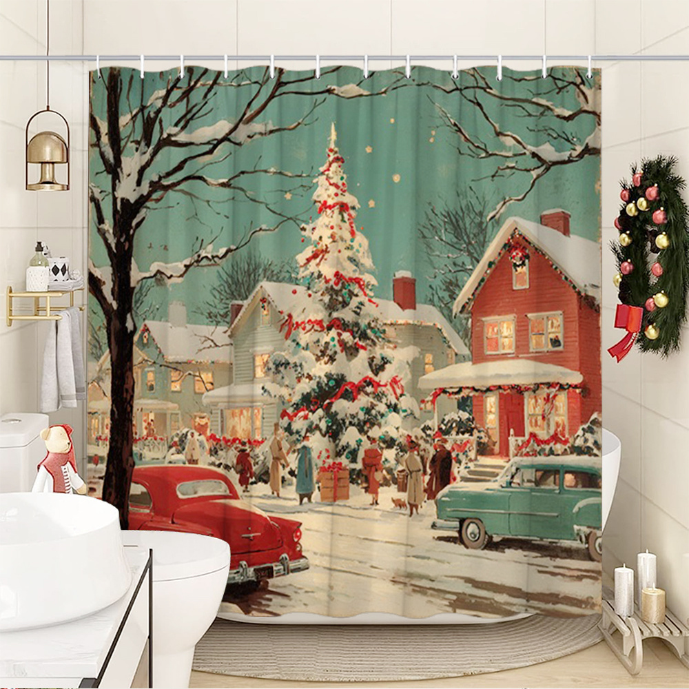 TEMU 2d Flat, 2d Flat, 1pc Vintage Christmas Shower Curtain Featuring A Scene With A Christmas Tree, A , And A Car. It Measures By Inches