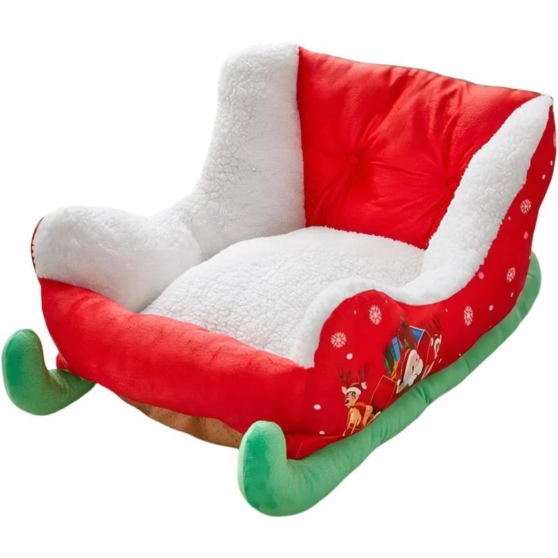 TEMU Christmas Donkey Sleigh Dog Bed For Medium And Small Dogs, With Plush Bedding - 26.77x14.96x11.02 Inch Soft Memory Foam Mattress, Red Santa
