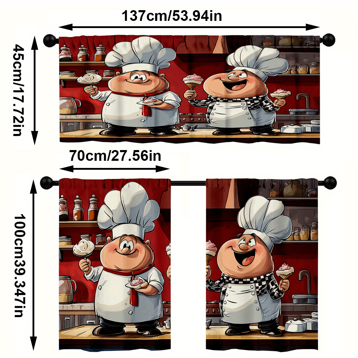 TEMU 3pcs/set Kitchen Curtain Sets, 2 Cartoon Chefs Print Curtain Set, Rod Pocket Valance Curtain Tier, 1 Valance/2 Cafe Curtains Tiers, Window For