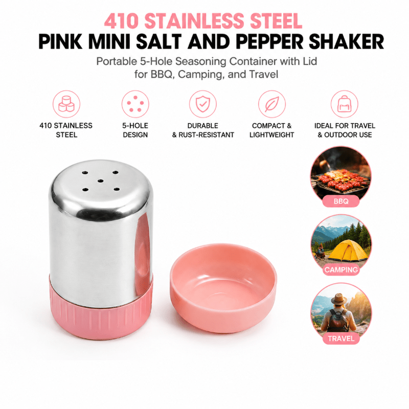 TEMU Portable Pink And Pepper Shaker Set - 5-hole Dispenser Suitable For Bbq, Camping, Picnic, Picnic, Travel, Compact Seasoning Container With Lid