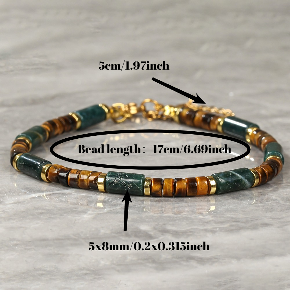 TEMU 1pc Bracelet de perles en œil de tigre naturel et agate de mousse pour hommes et femmes, bracelet de cylindrique en chaîne ajustable plaquée or