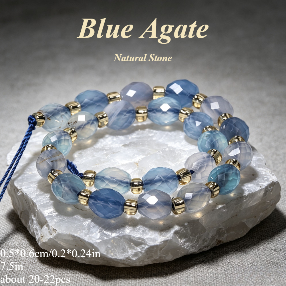 TEMU Perles de riz en agate bleue de naturelle - à facettes, adaptées à la fabrication de bijoux, bracelets et DIY, perles minérales pour l'artisanat
