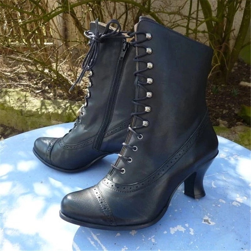TEMU 2025 European Station Trade Women's High-heeled Large Size British Style Chunky Heel Short Boots Mid-calf Biker Boots For Women, Women Shoes
