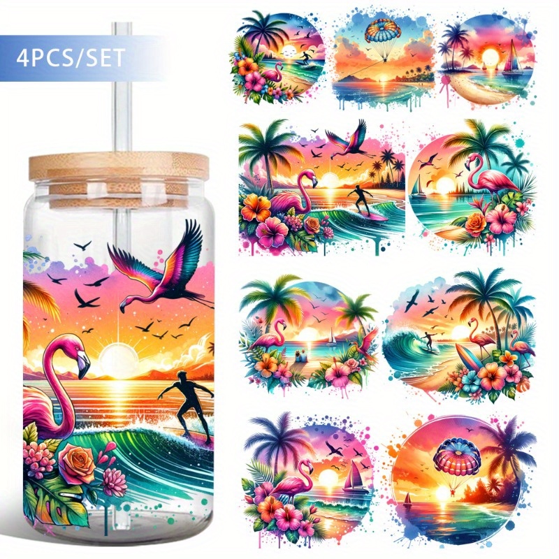 TEMU Lot de 4 papiers de transfert UV DTF en vinyle imperméable d'été, adaptés aux bocaux en verre de 16 oz, faciles à appliquer, papier décoratif de