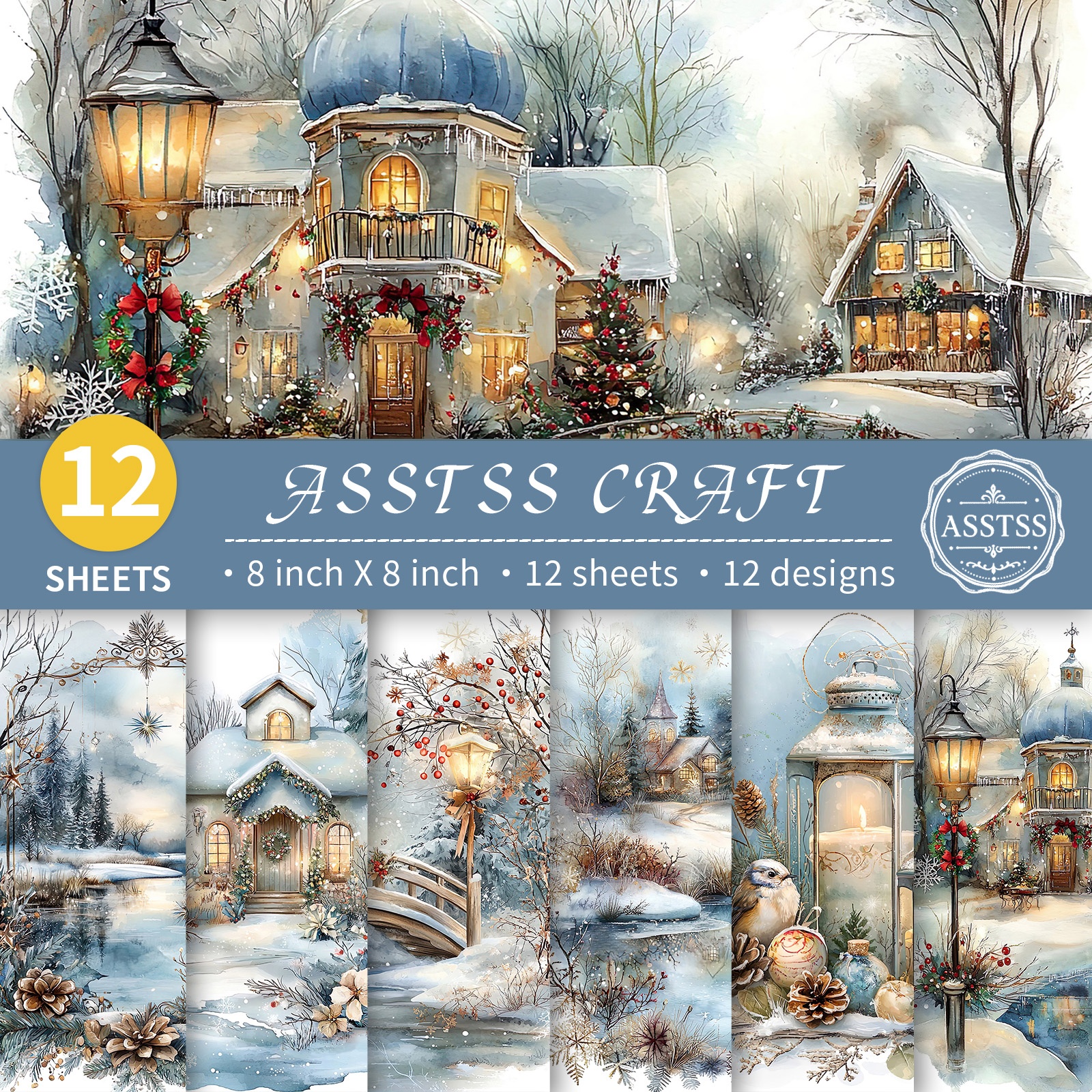TEMU Lot de 12 feuilles de papier scrapbooking ASSTSS 8X8 pouces, papier de base style hiver avec scènes de Noël et , papier cartonné épais pour
