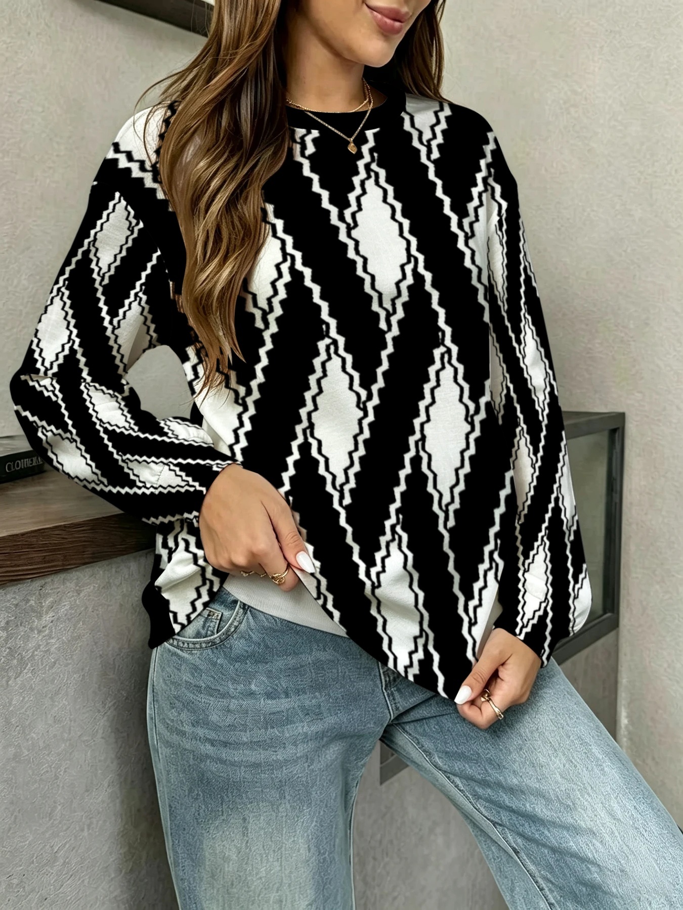 maternity sweatshirt for women round neck long sleeve black and   rhombus artistic print top loose fit gently accommodates bump suitable for daily commuting   and short trips during early middle and late pregnancy