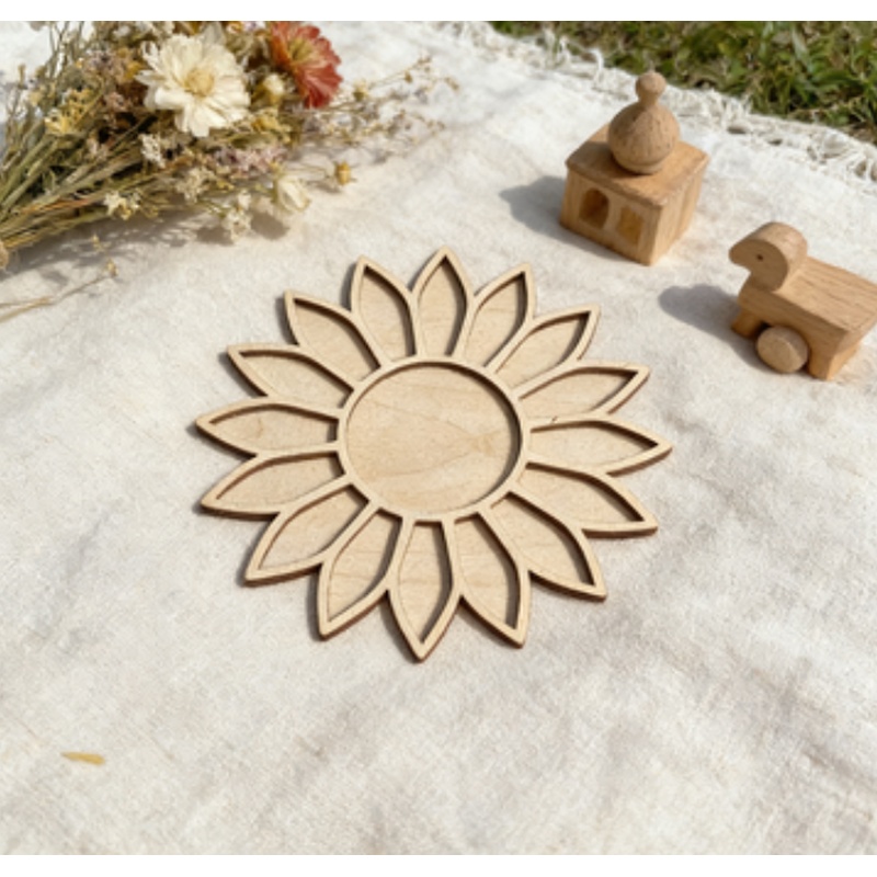 TEMU Bohemian Sunflower Wooden Tray - 9.06-inch Round Suitable For Beginners, Artificial Wood Flower Frame With Hook Base, -shaped Edges For Decor,