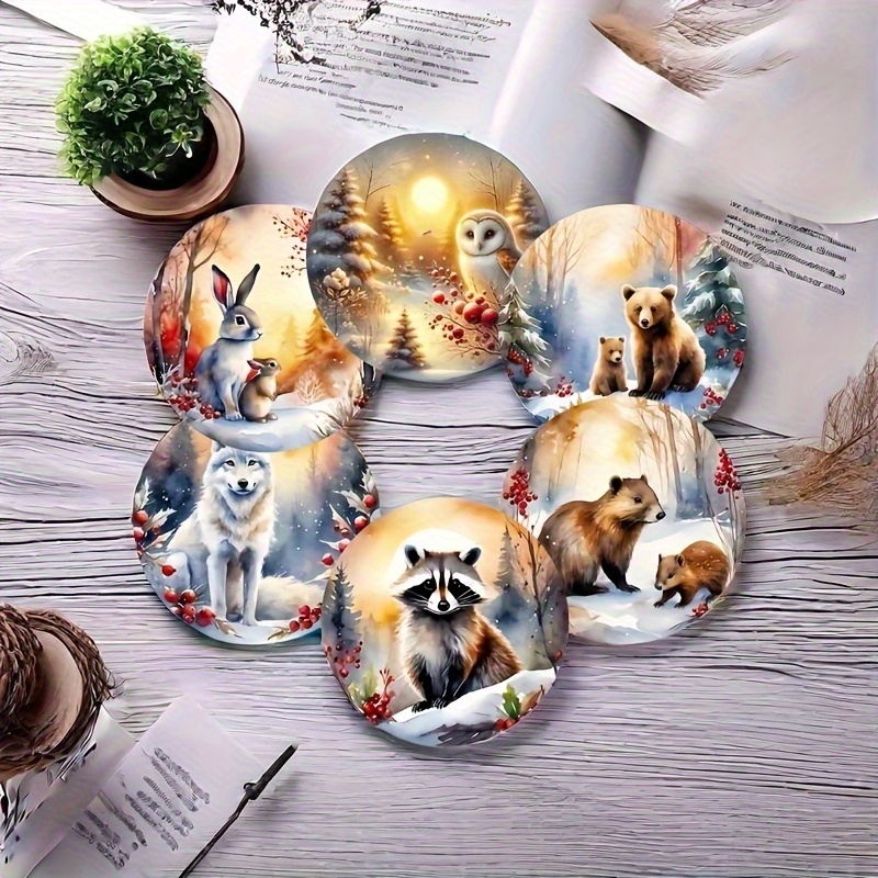 TEMU 6pcs Forest Animal Wooden Coaster Set, Tea Cup Mats, Coffee And Drink Coasters, Heat-resistant Pads, Suitable For Home And Restaurant Decor,